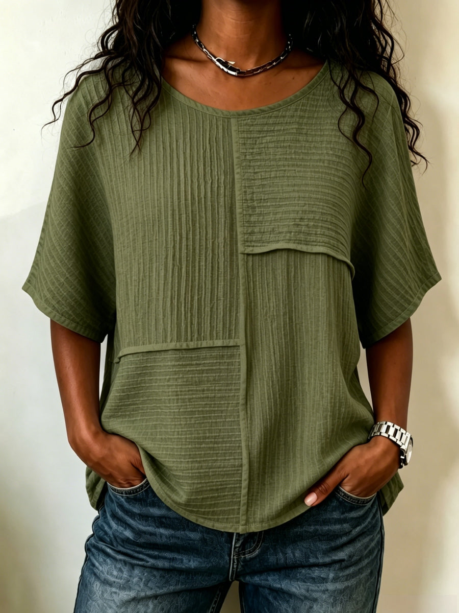 🔥 CLEARANCE SALE🔥 Women's Textured Patchwork Top with Round Neck and Short Sleeves