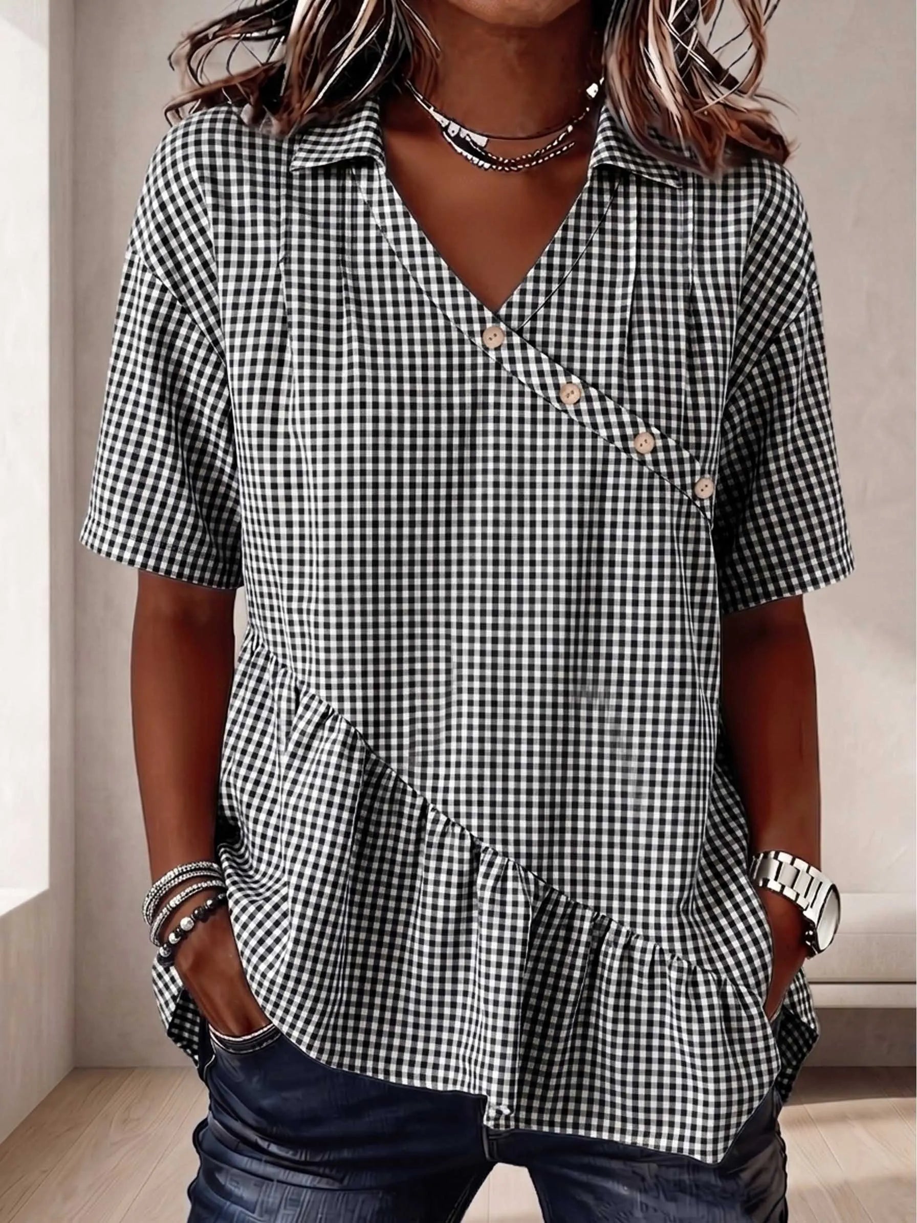 The Heritage Gingham Asymmetrical Peplum Blouse