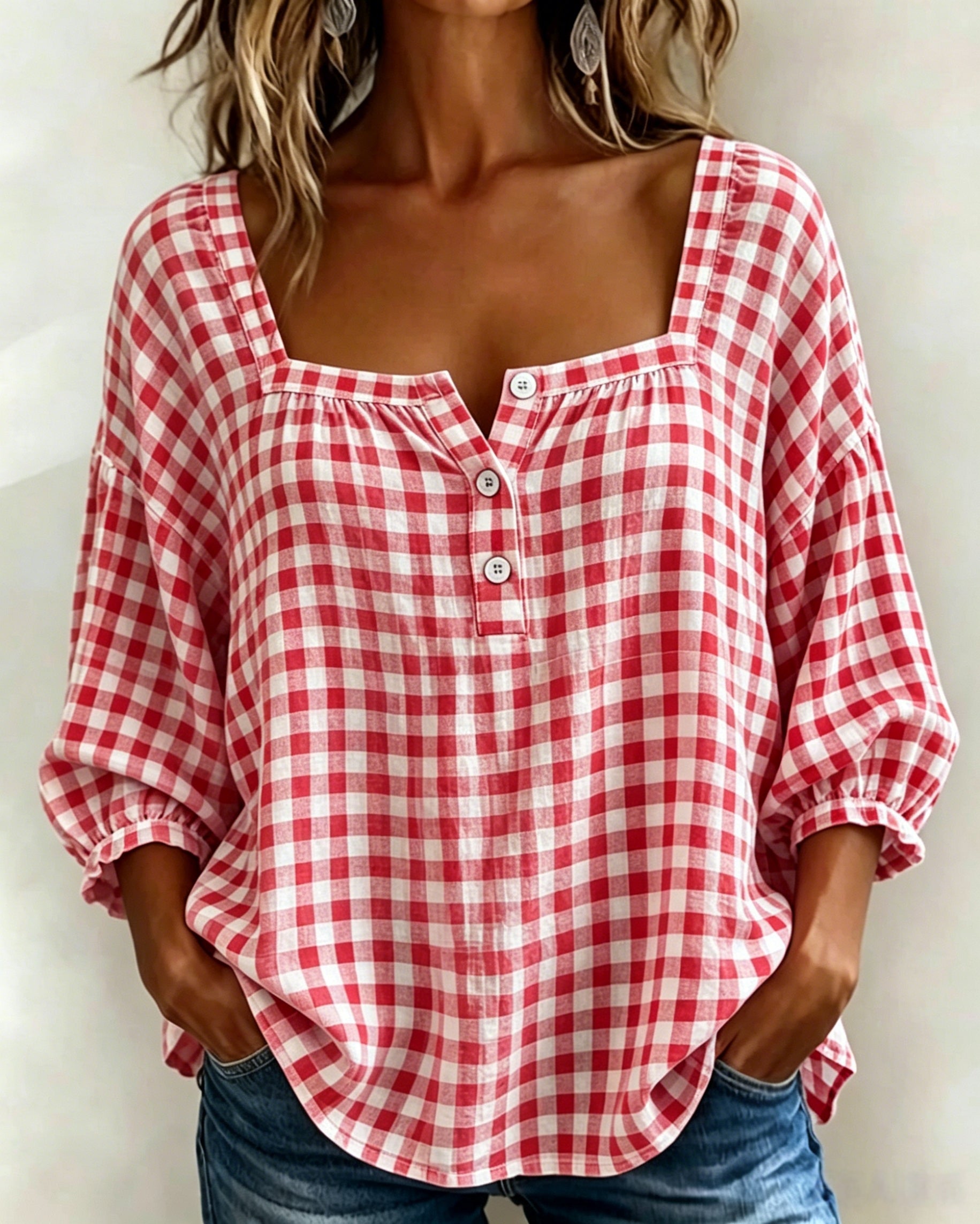 Vintage Gingham Square-Neck Blouse