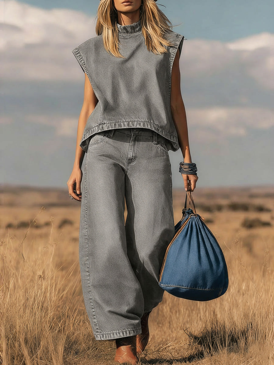 New Arrivals🔥 Women's Stand Collar Sleeveless Casual Loose Top and High Waisted Loose Wide Leg Denim Pants Set
