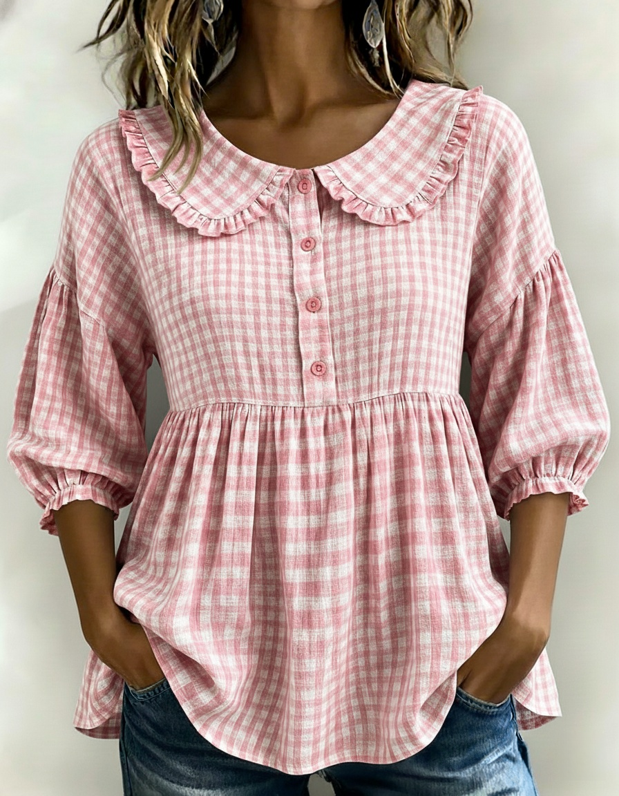 Women's Puff Sleeve Peplum Gingham Blouse