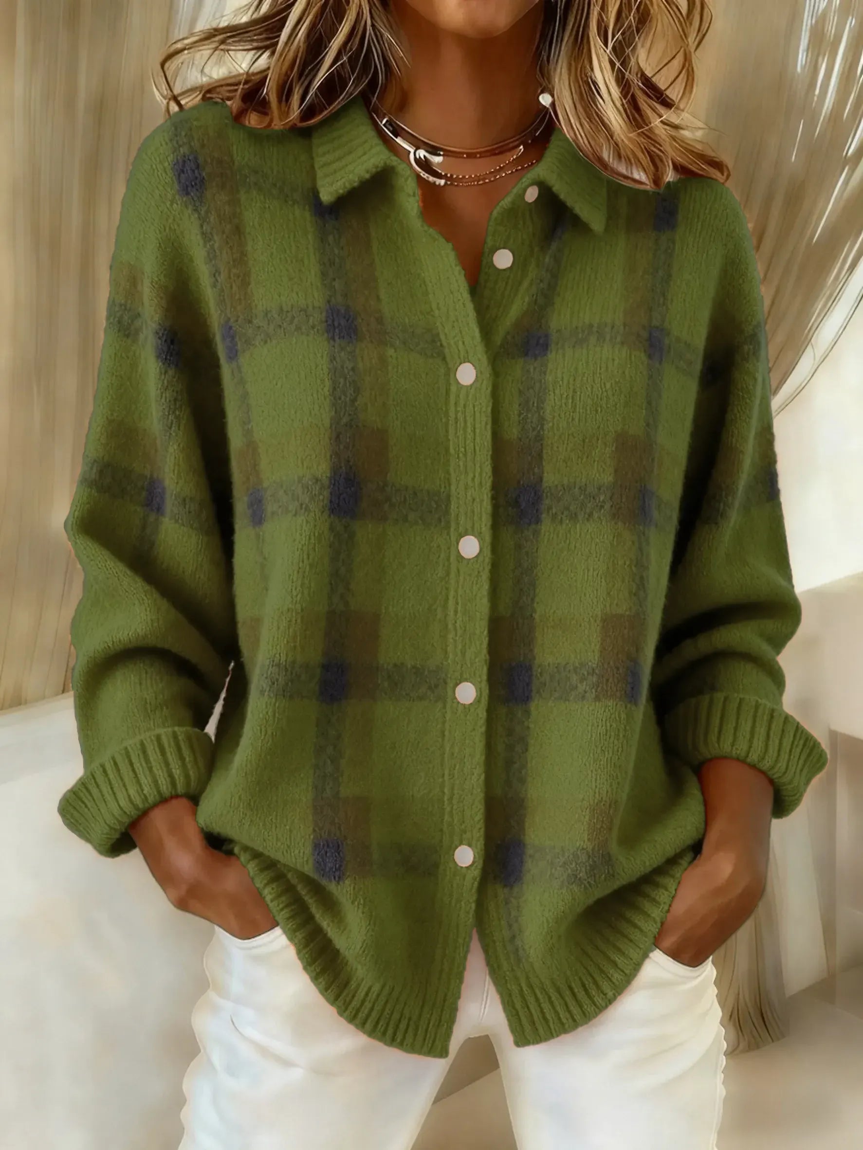 CLEARANCE SALE🔥 Women's Casual Contrast Color Autumn and Winter Retro Plaid Print Buttoned Cardigan Sweater