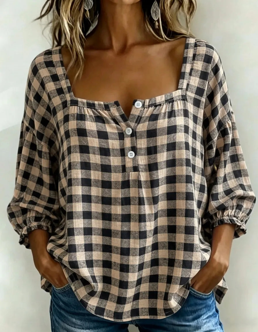 Vintage Gingham Square-Neck Blouse