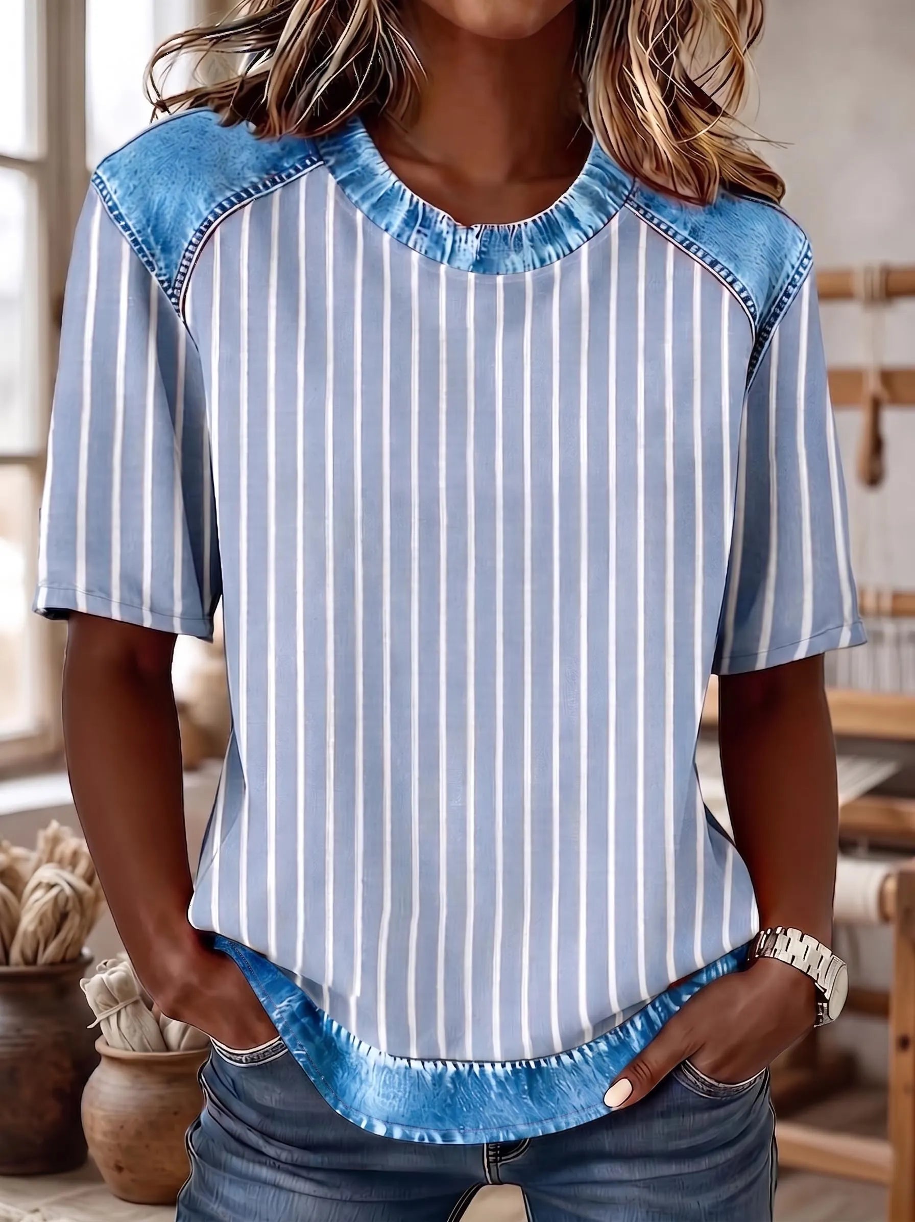 The "Effortless Chic" Denim-Contrast Stripe Tee