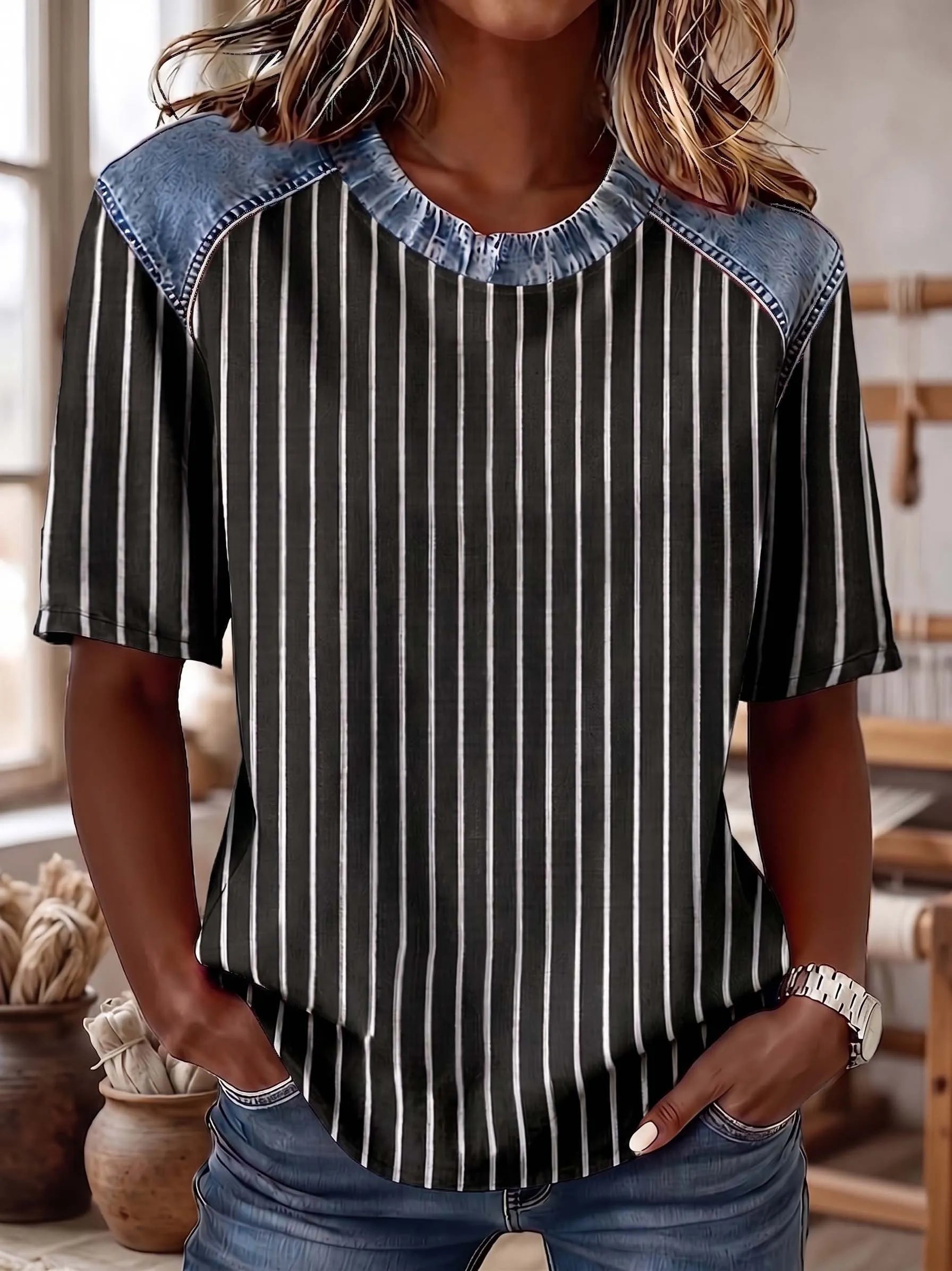 The "Effortless Chic" Denim-Contrast Stripe Tee
