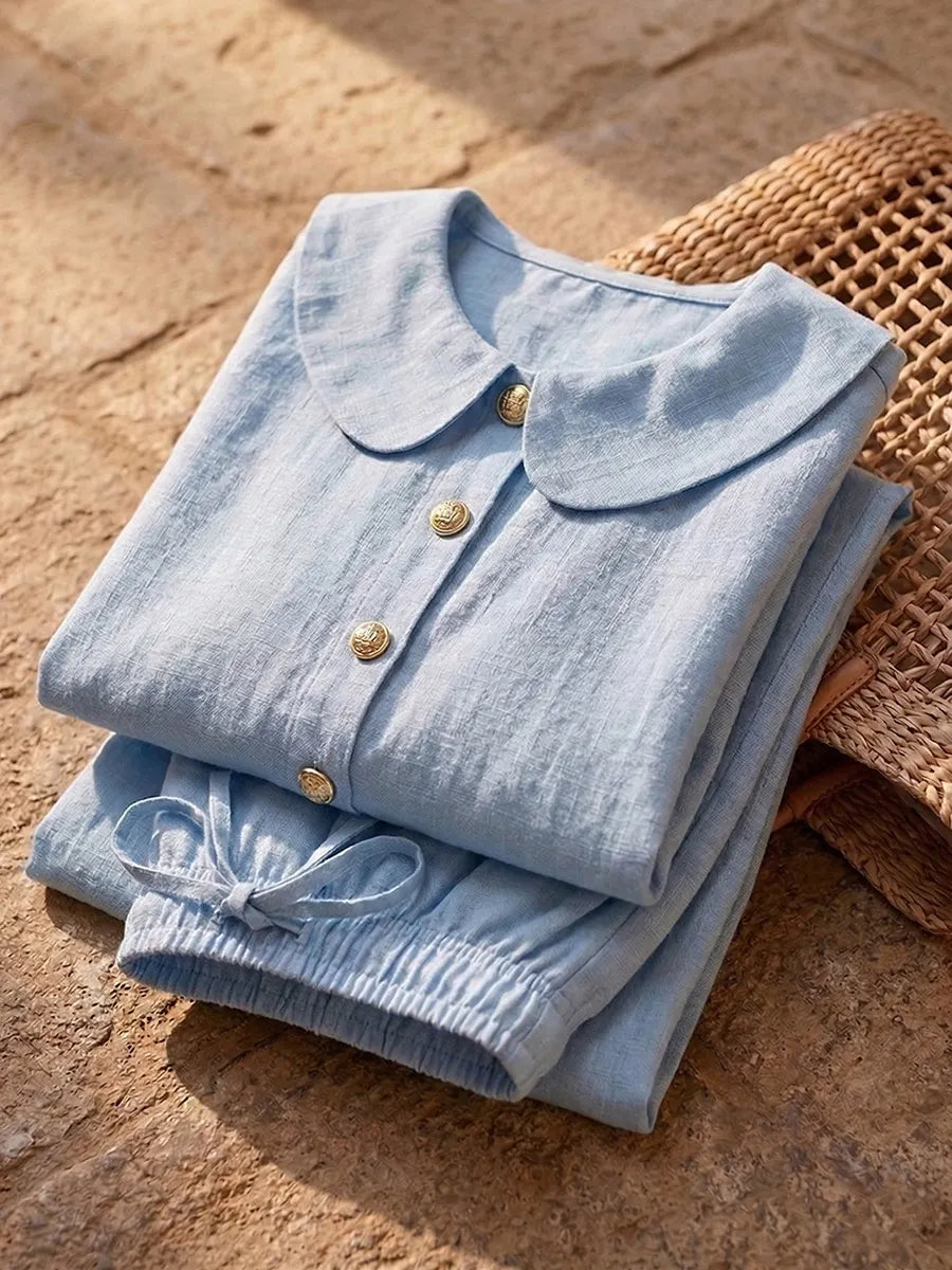 New Arrivals🔥 Stylish Peter Pan Collar Short Shirt and Wide-leg Short Pant Linen Two-piece Set