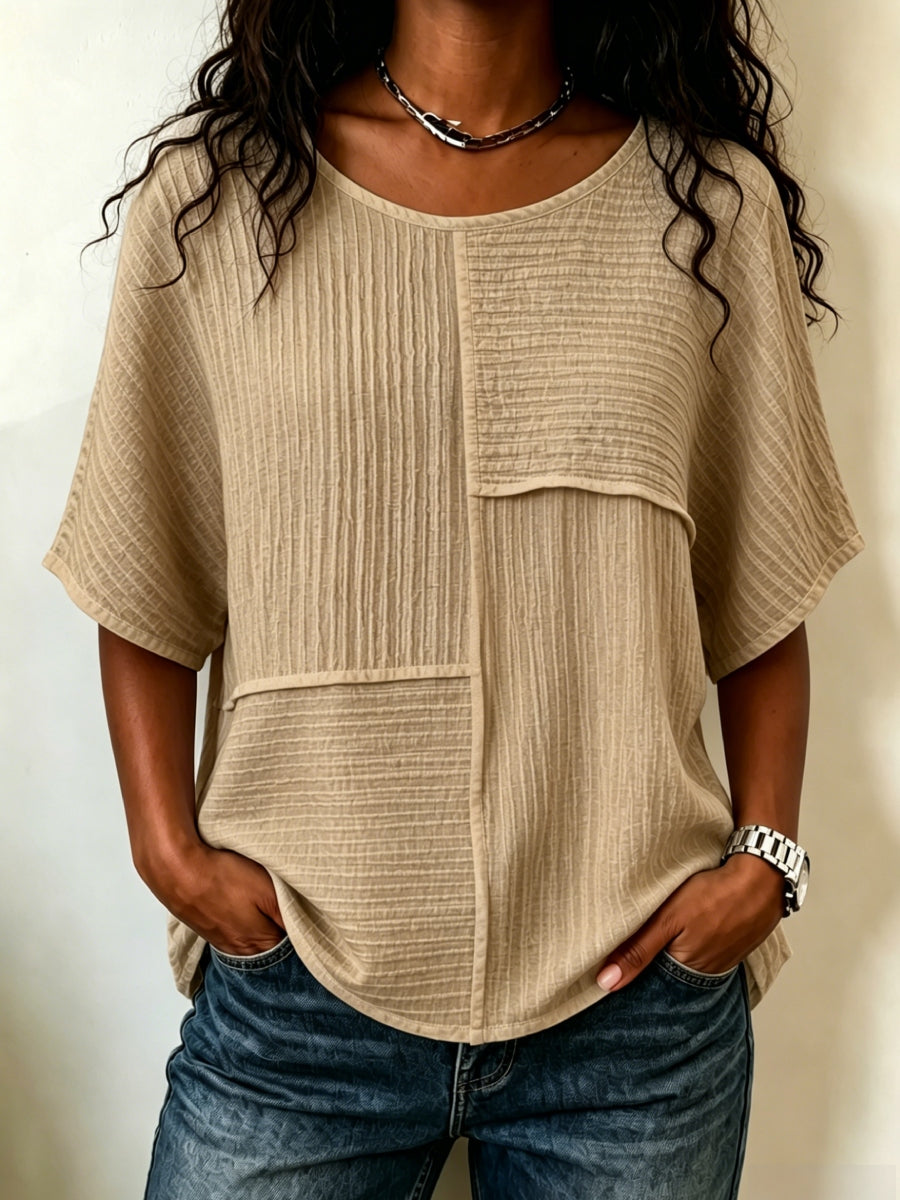 🔥 CLEARANCE SALE🔥 Women's Textured Patchwork Top with Round Neck and Short Sleeves