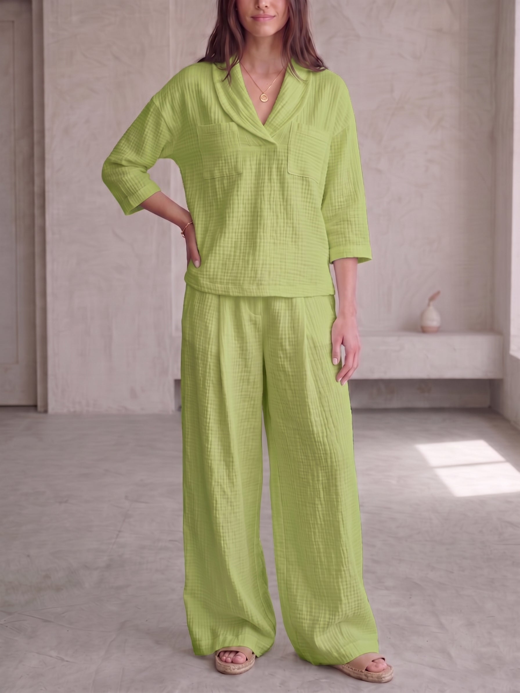 🌟 Clearance Sale🔥 Women's Peter Pan Collar V-Neck 3/4-Sleeve Cotton-Linen Two-Piece Set
