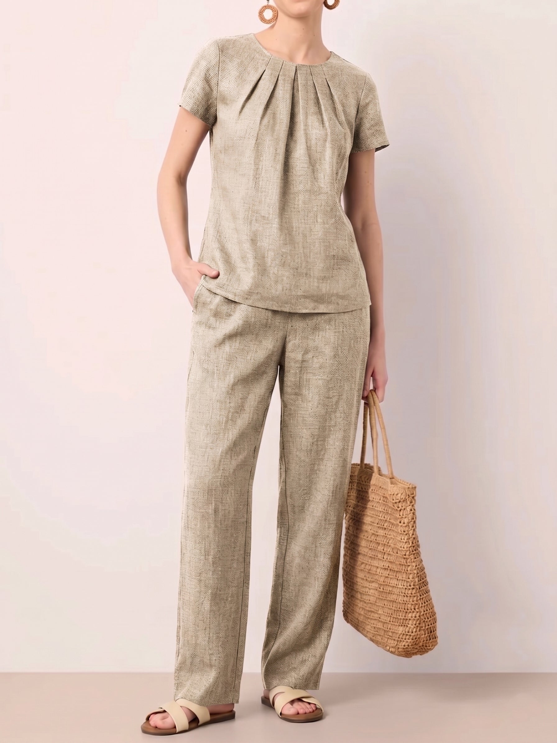 Clearance Sale🔥 Women's Summer Linen Blend 2-Piece Set: Elegant Pleated Round Neck Short Sleeve Top & Wide Leg Long Pants Casual Loungewear