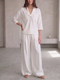 🌟 Clearance Sale🔥 Women's Peter Pan Collar V-Neck 3/4-Sleeve Cotton-Linen Two-Piece Set