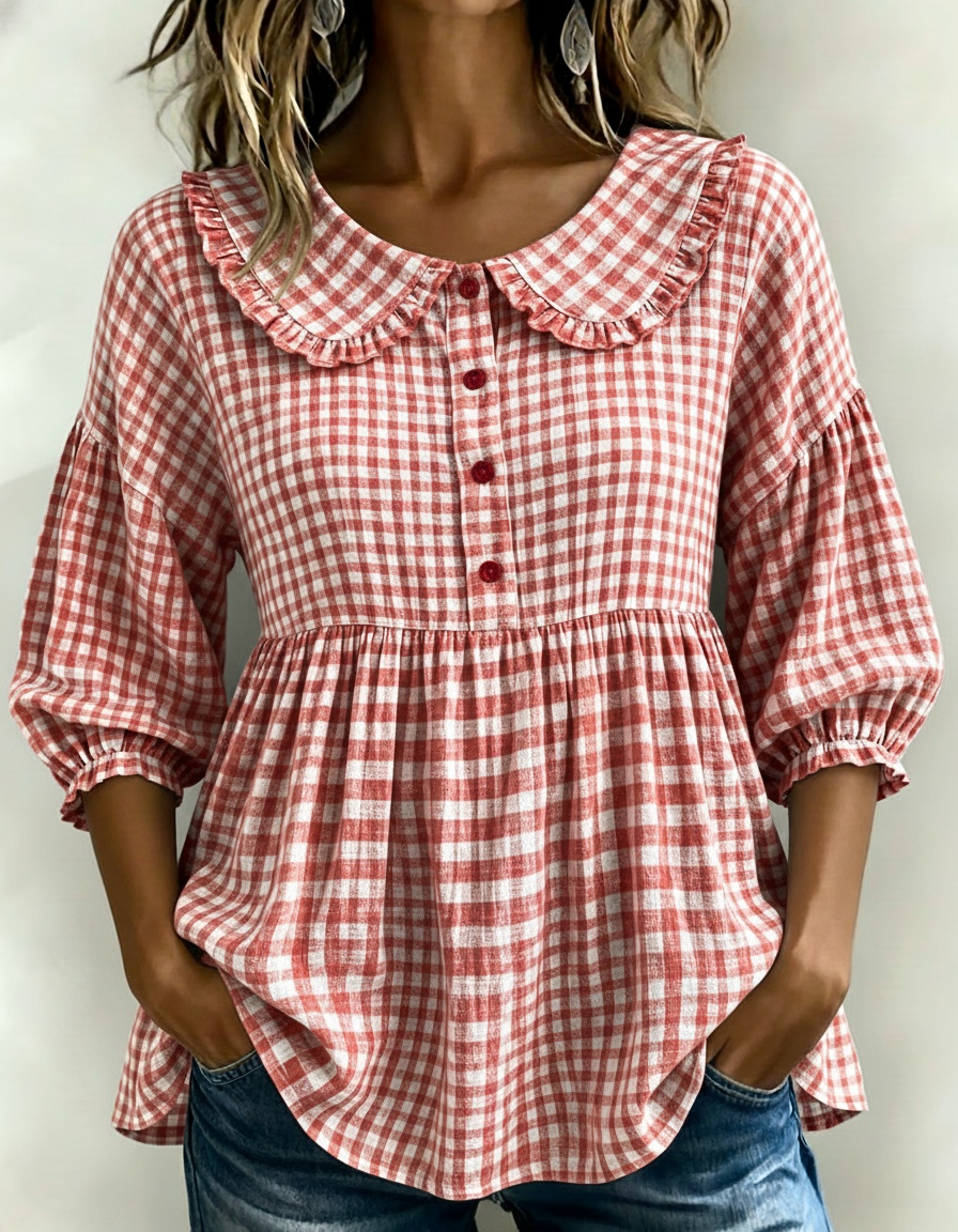 Women's Puff Sleeve Peplum Gingham Blouse