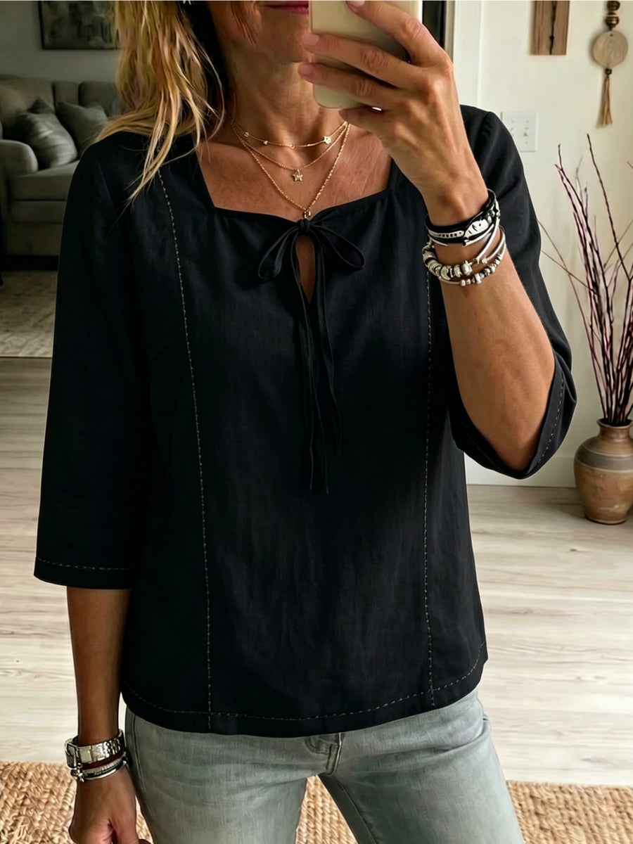 New Arrivals🔥 Women's Square-neck Ties Half-sleeve Cotton Shirt
