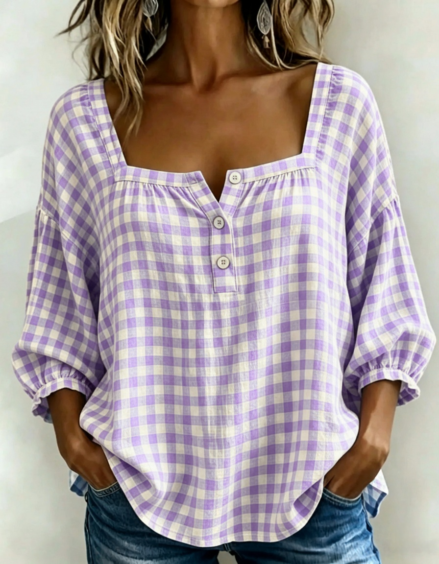 Vintage Gingham Square-Neck Blouse