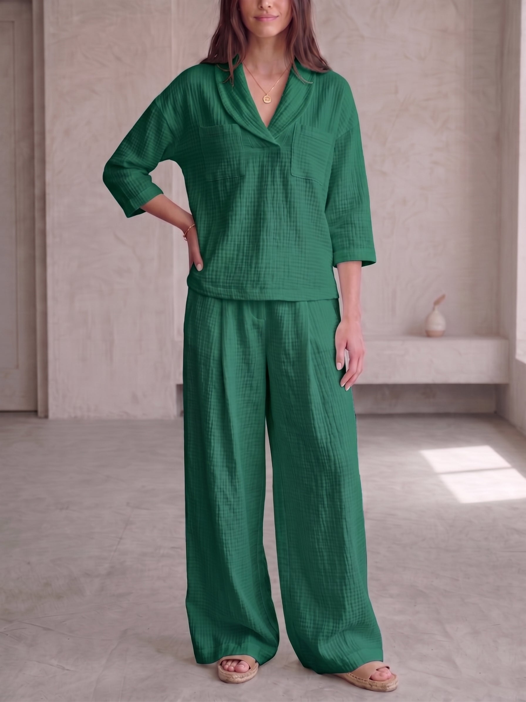 🌟 Clearance Sale🔥 Women's Peter Pan Collar V-Neck 3/4-Sleeve Cotton-Linen Two-Piece Set