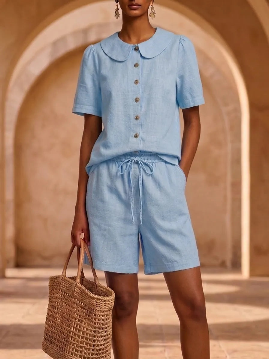 New Arrivals🔥 Stylish Peter Pan Collar Short Shirt and Wide-leg Short Pant Linen Two-piece Set