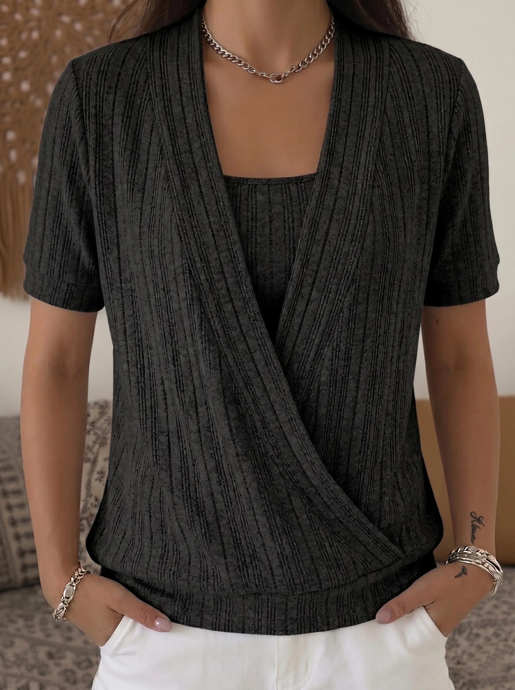 🌊 Fashion Striped Waffle Crossover Textured Knit Top