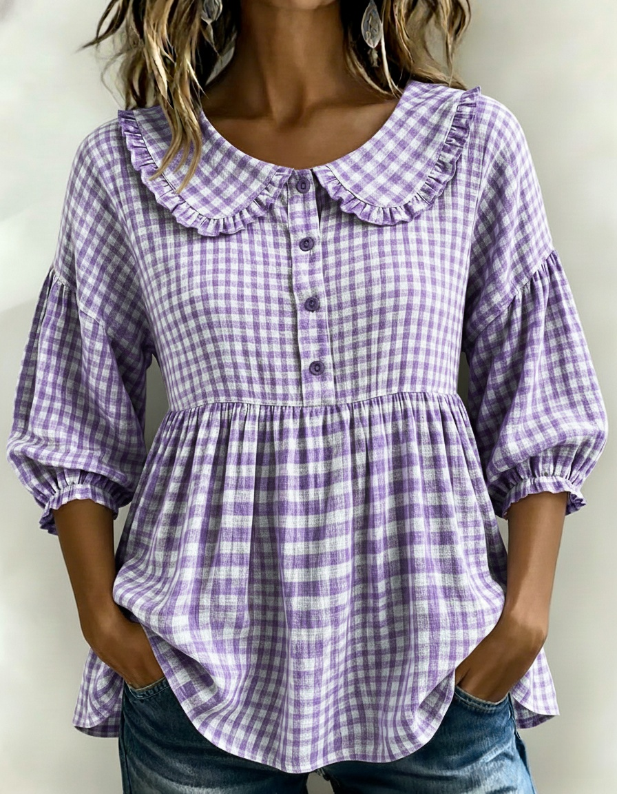 Women's Puff Sleeve Peplum Gingham Blouse