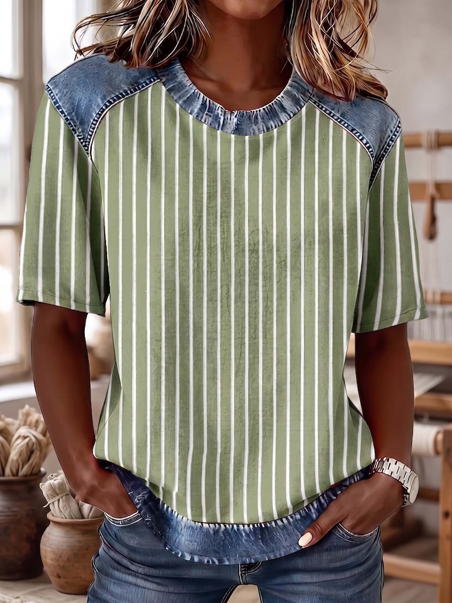The "Effortless Chic" Denim-Contrast Stripe Tee
