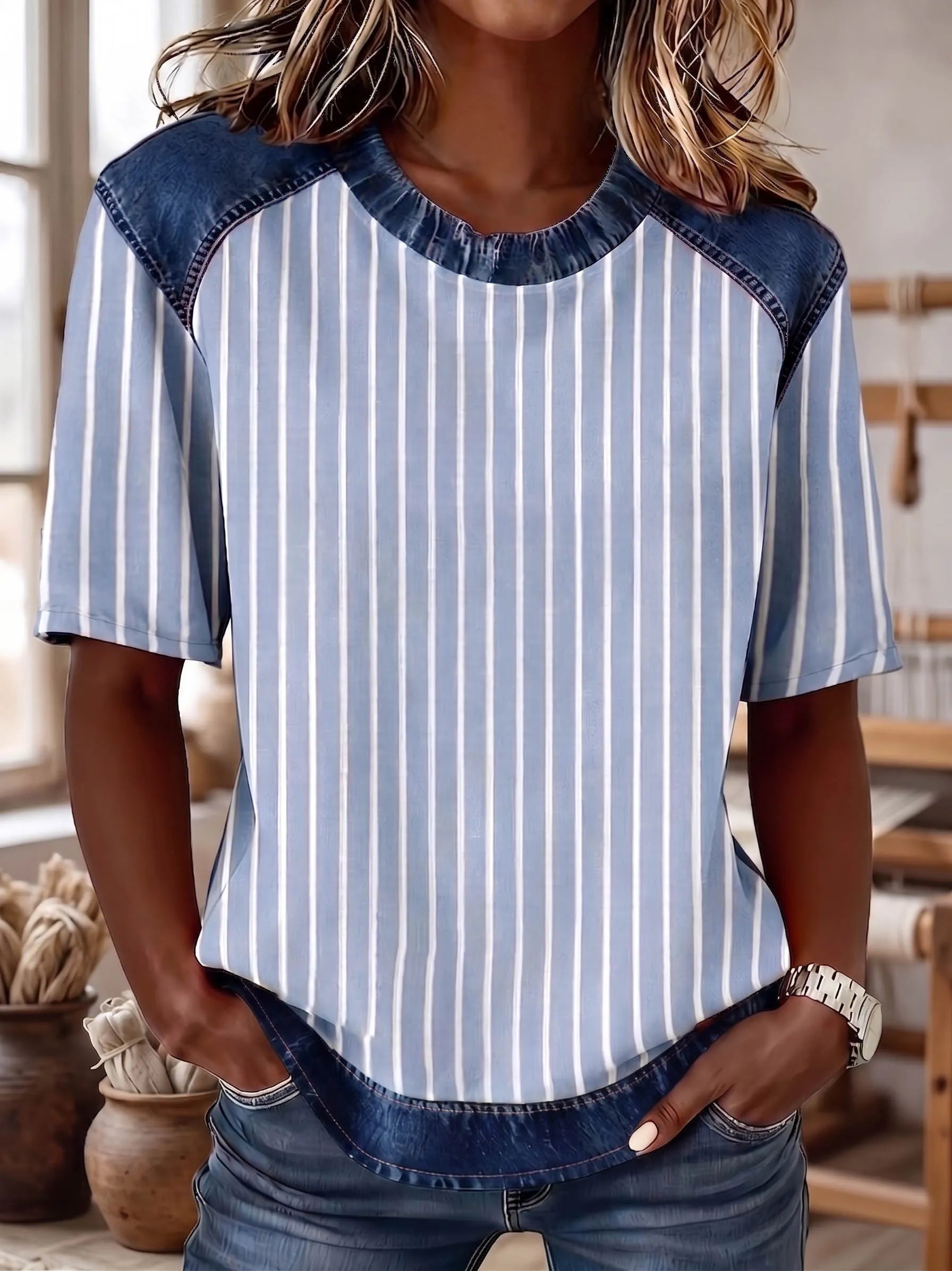 The "Effortless Chic" Denim-Contrast Stripe Tee