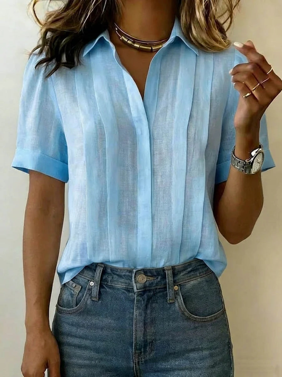 Clearance Sale🔥 Women's Lapel Short-sleeved Casual Loose Pleated Cotton And Linen Shirt T Shirts
