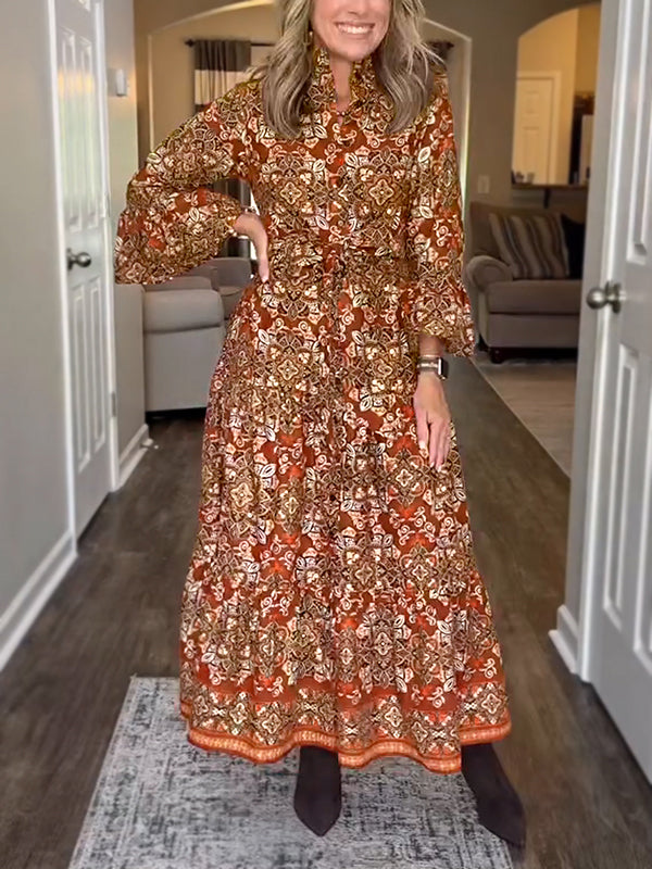 NEW🔥 Vintage Printed Long Sleeve Dress with Tie Belt